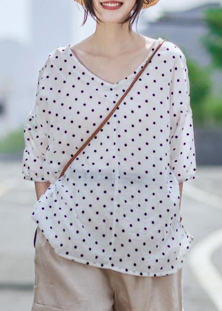 Linen Blouse Linen Dot V-neck Blouse