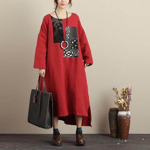 Linen Robes Long Sleeve Pockets High-low Hem Raw-edge Trim Dress
