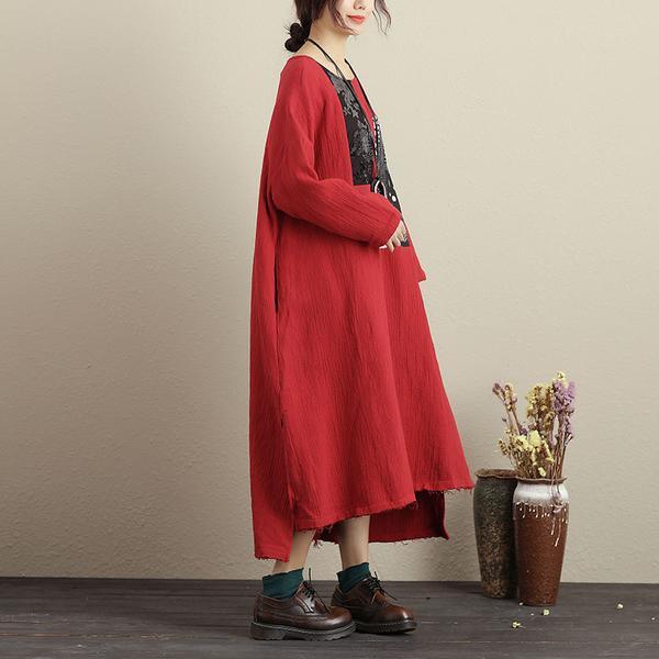 Linen Robes Long Sleeve Pockets High-low Hem Raw-edge Trim Dress