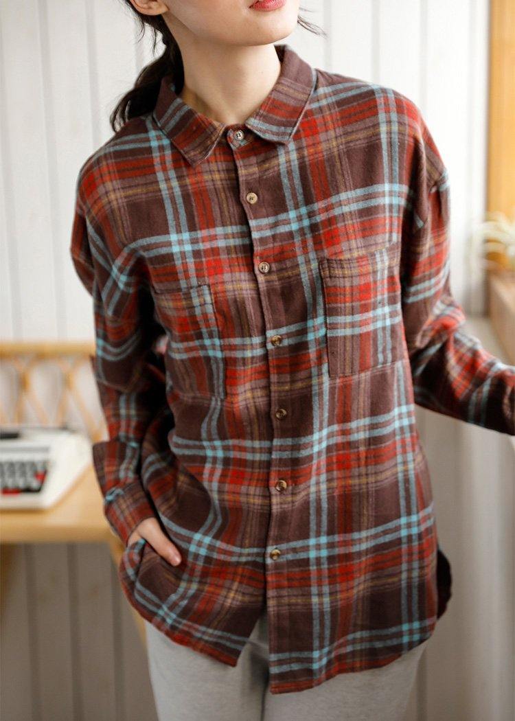 Chic low high design linen cotton lapel shirts plaid baggy blouses