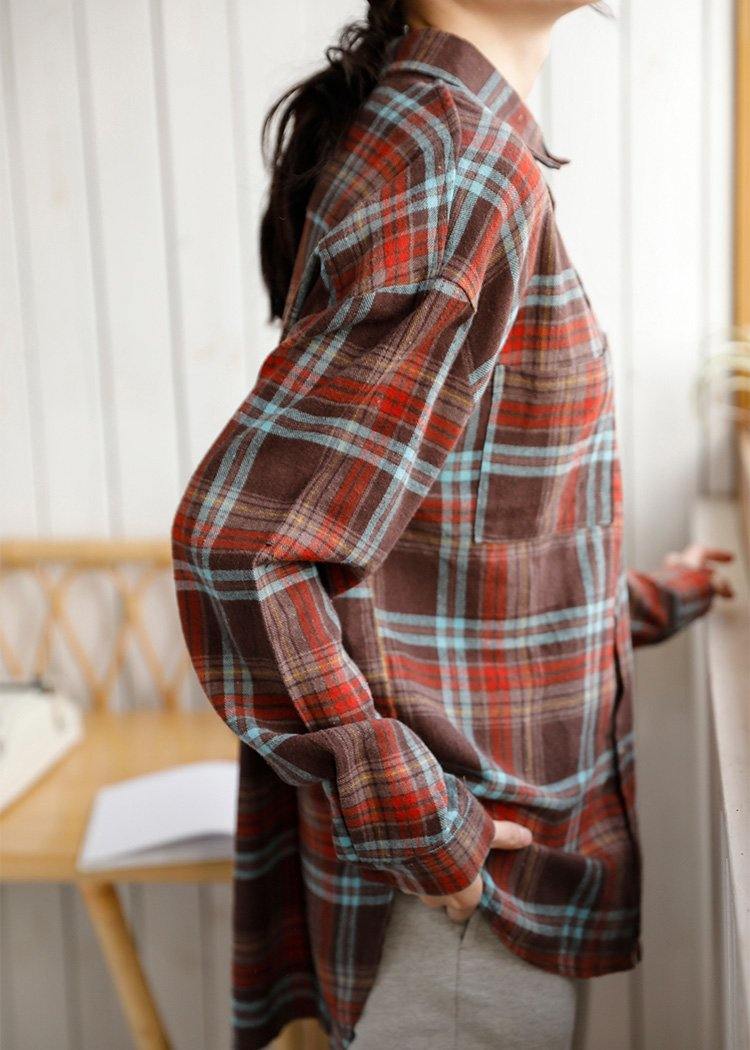 Low High Design Linen Cotton Lapel Shirts Plaid Baggy Blouses