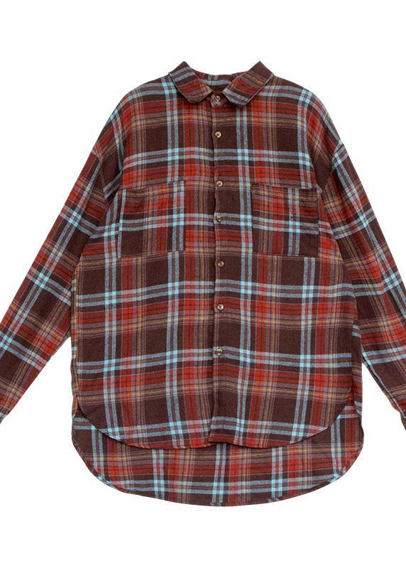 Chic low high design linen cotton lapel shirts plaid baggy blouses