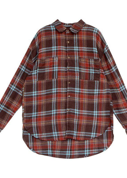 Chic low high design linen cotton lapel shirts plaid baggy blouses