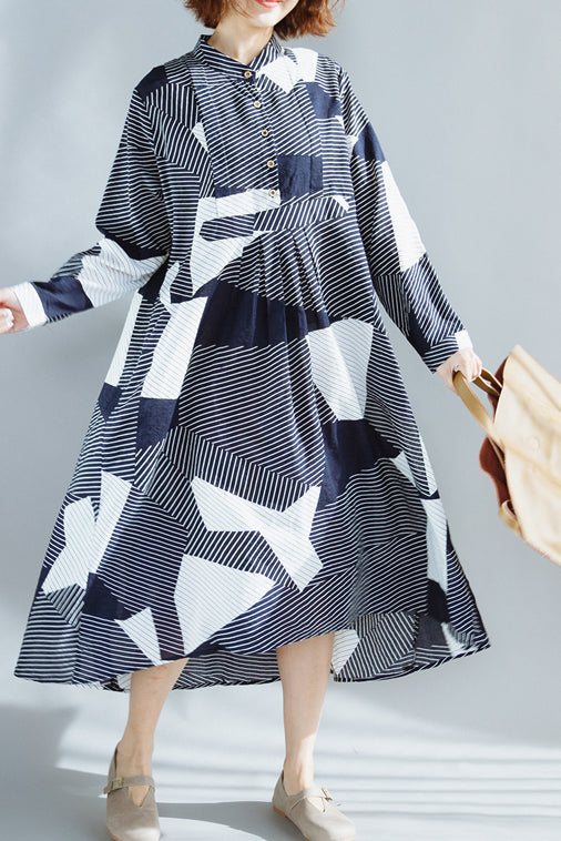 Navy Cotton Clothes for Fine Wardrobes Stand Collar Extra Large Hem Maxi Summer Dress