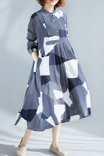 Navy Cotton Clothes for Fine Wardrobes Stand Collar Extra Large Hem Maxi Summer Dress