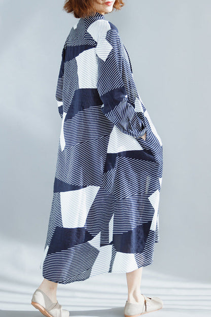 Navy Cotton Clothes for Fine Wardrobes Stand Collar Extra Large Hem Maxi Summer Dress