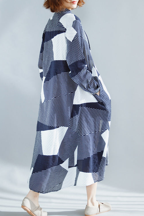 Navy Cotton Clothes for Fine Wardrobes Stand Collar Extra Large Hem Maxi Summer Dress