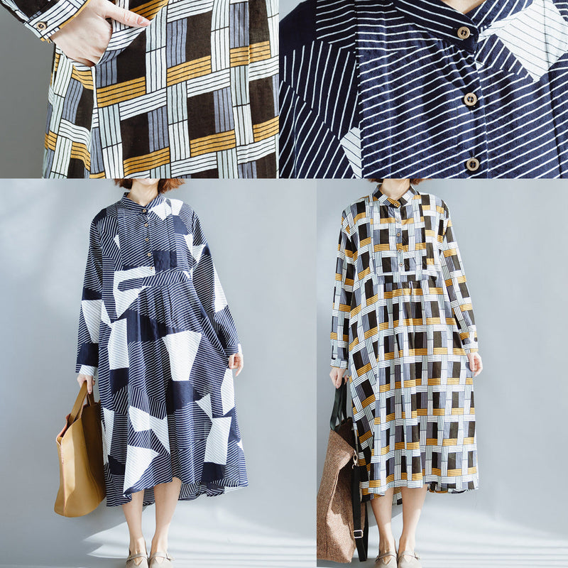 Navy Cotton Clothes for Fine Wardrobes Stand Collar Extra Large Hem Maxi Summer Dress