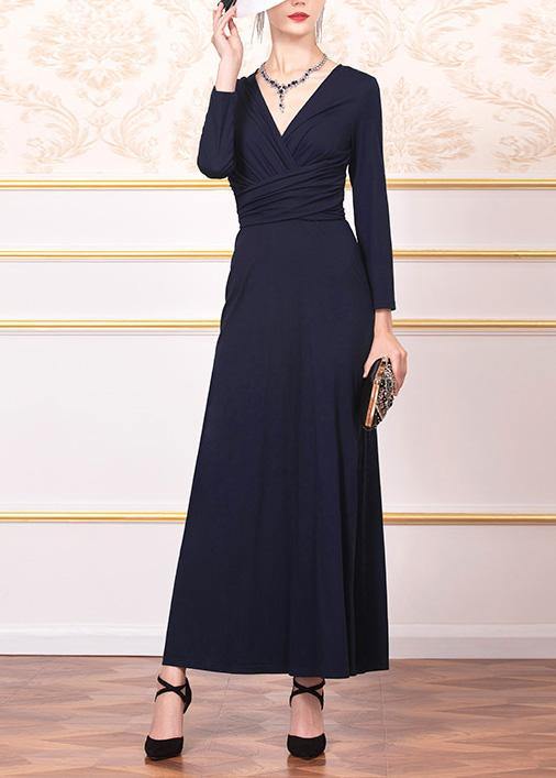 Navy Cotton Quilting Dresses Side Open Art V Neck Dress