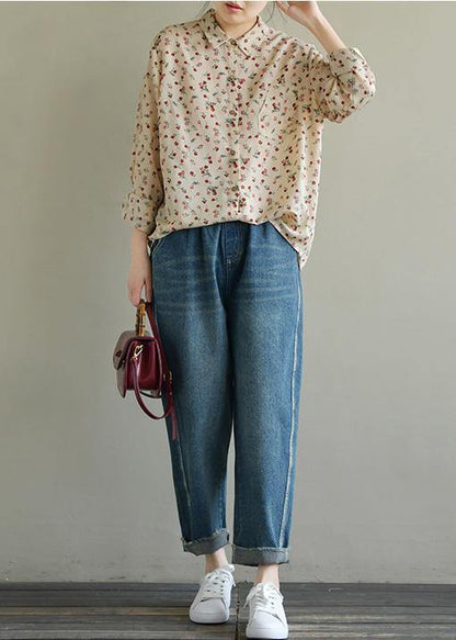 Chic nude print chiffon clothes lapel long sleeve summer top