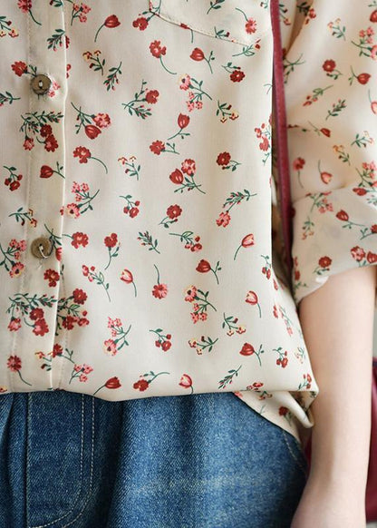 Chic nude print chiffon clothes lapel long sleeve summer top