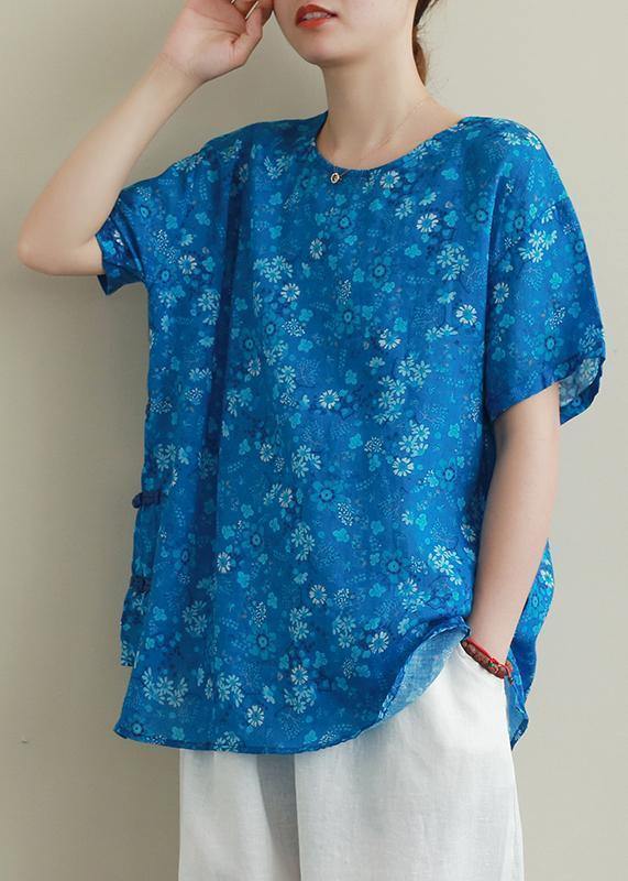 O Neck Chinese Button Linen Clothes for Work Blue Print Blouse