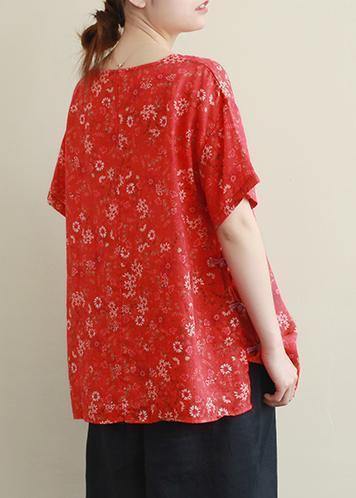 O Neck Chinese Button Linen Clothes for Work Blue Print Blouse