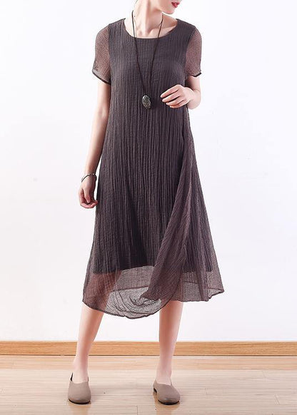 O Neck Asymmetric Silk Linen Clothes for Korea Work Outfits Gray Maxi Dresses Summer