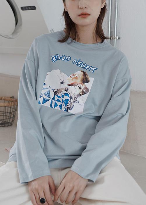 O Neck Cotton Prints Long Shirts Outfits Light Blue Blouse