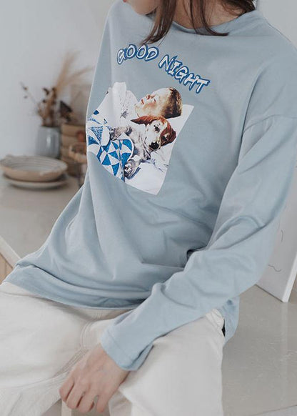 Chic o neck cotton prints Long Shirts Outfits light blue blouse