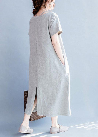 O Neck Cotton Summer Tunics Gray Print Long Dresses