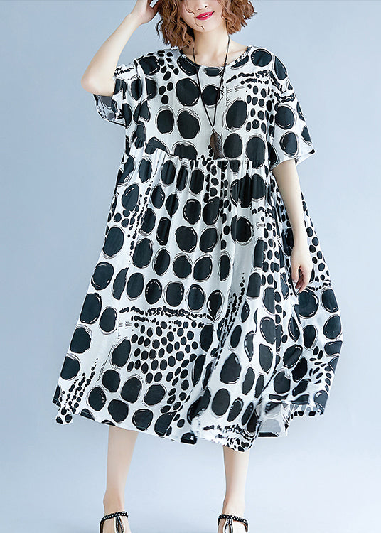 O Neck Extra Large Hem Cotton Linen Clothes for Runway Black Dotted Art Dress Summer