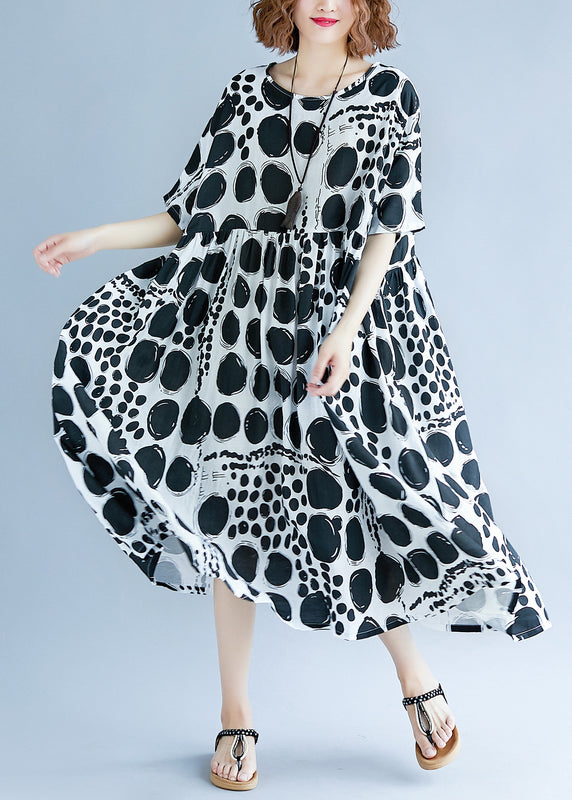 O Neck Extra Large Hem Cotton Linen Clothes for Runway Black Dotted Art Dress Summer