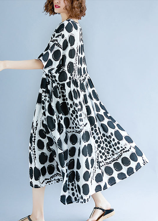 O Neck Extra Large Hem Cotton Linen Clothes for Runway Black Dotted Art Dress Summer
