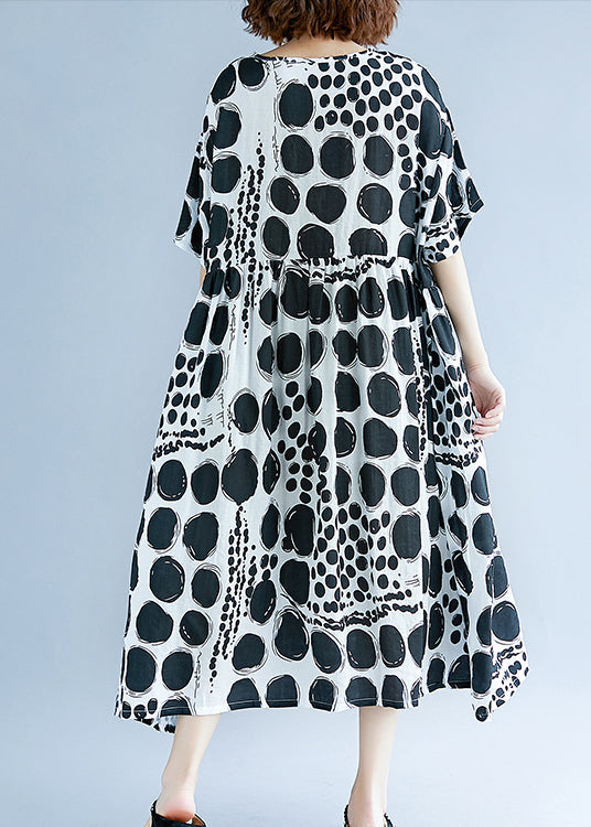 O Neck Extra Large Hem Cotton Linen Clothes for Runway Black Dotted Art Dress Summer