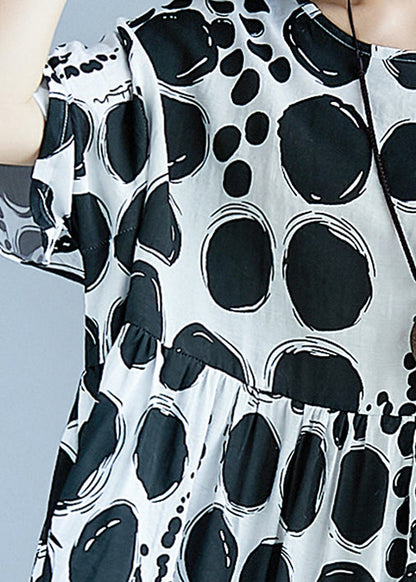 O Neck Extra Large Hem Cotton Linen Clothes for Runway Black Dotted Art Dress Summer