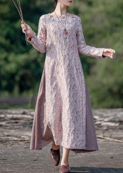 O Neck False Two Pieces Spring Clothes for Photography Pink Embroidery Dresses