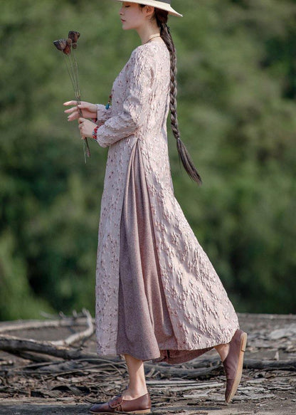 O Neck False Two Pieces Spring Clothes for Photography Pink Embroidery Dresses