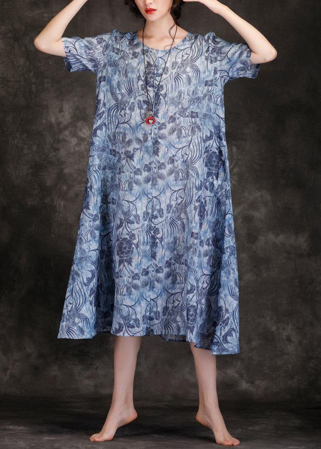 O Neck Linen Wardrobes Blue Print Dresses Summer