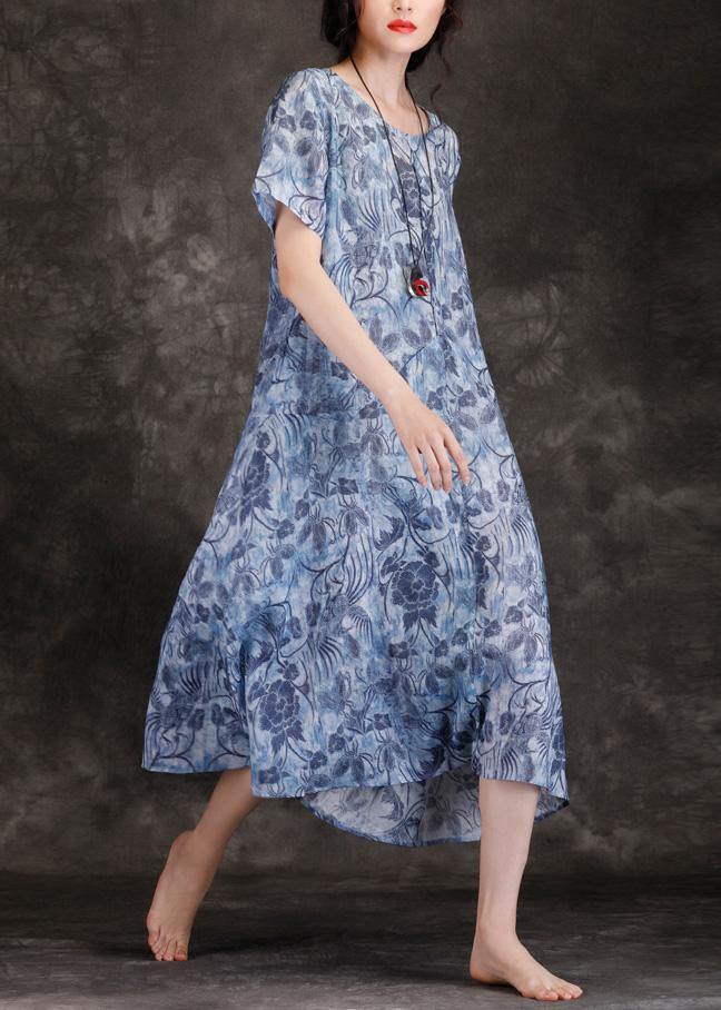 O Neck Linen Wardrobes Blue Print Dresses Summer