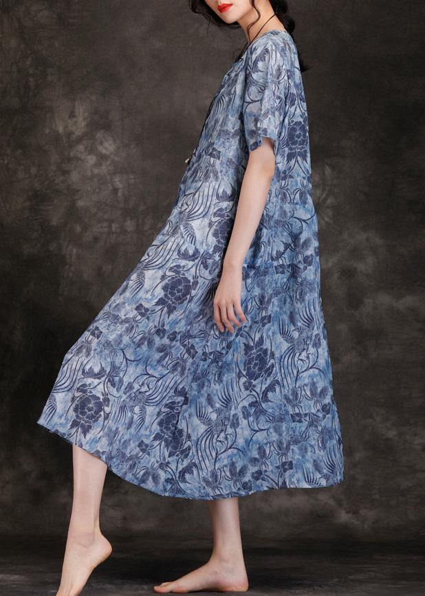 O Neck Linen Wardrobes Blue Print Dresses Summer