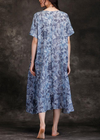 O Neck Linen Wardrobes Blue Print Dresses Summer