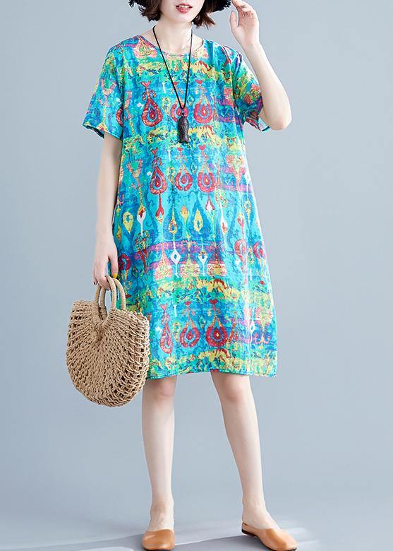 O Neck Linen Clothes Neckline Green Prints Dresses Summer