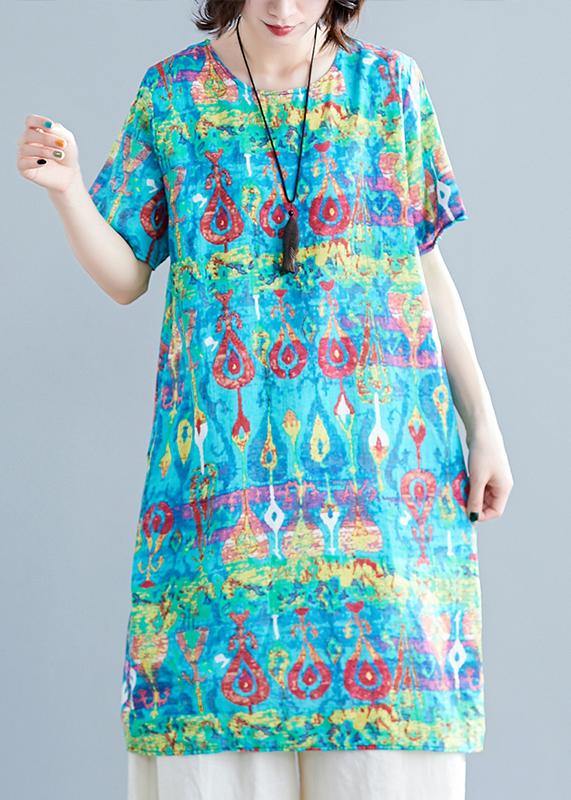 O Neck Linen Clothes Neckline Green Prints Dresses Summer