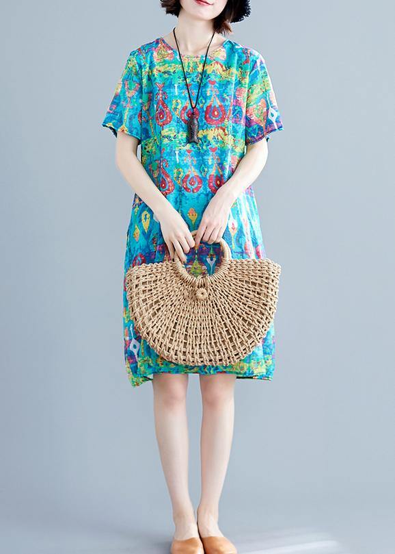 O Neck Linen Clothes Neckline Green Prints Dresses Summer