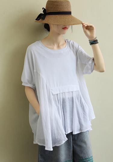O Neck Patchwork Cotton Summerlong Shirts Fabrics White Tops
