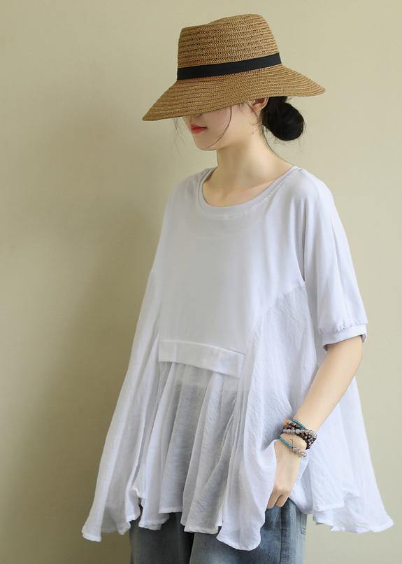 O Neck Patchwork Cotton Summerlong Shirts Fabrics White Tops