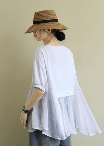 O Neck Patchwork Cotton Summerlong Shirts Fabrics White Tops