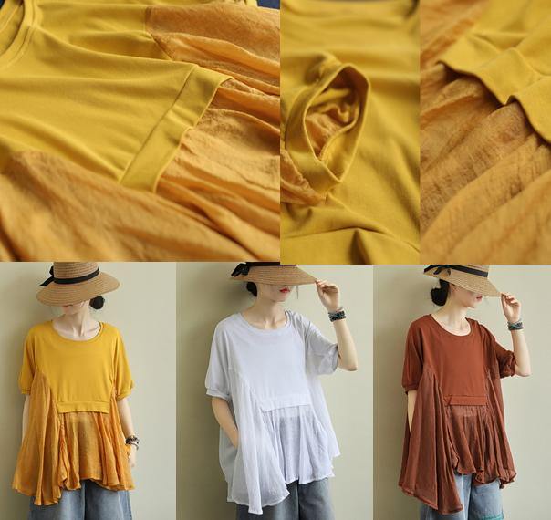 O Neck Patchwork Cotton Summerlong Shirts Fabrics White Tops