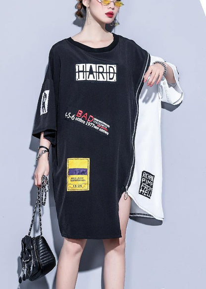 O Neck Patchwork Silk Cotton Clothes Catwalk Black Zippered Dresses Summer