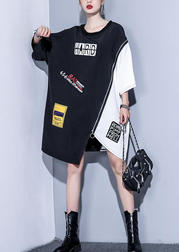 O Neck Patchwork Silk Cotton Clothes Catwalk Black Zippered Dresses Summer