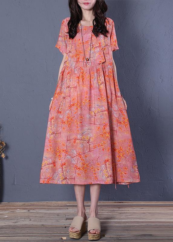 O Neck Short Sleeve Cotton Summer Wardrobes Linen Pink Print Maxi Dresses