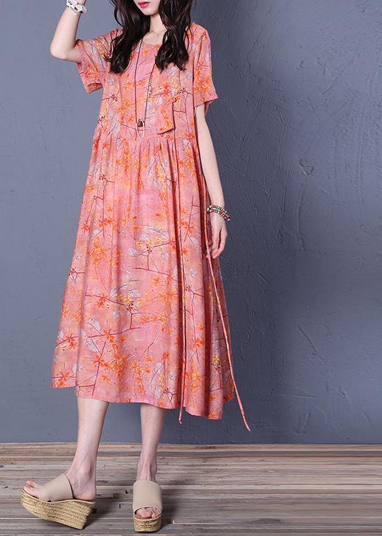 O Neck Short Sleeve Cotton Summer Wardrobes Linen Pink Print Maxi Dresses