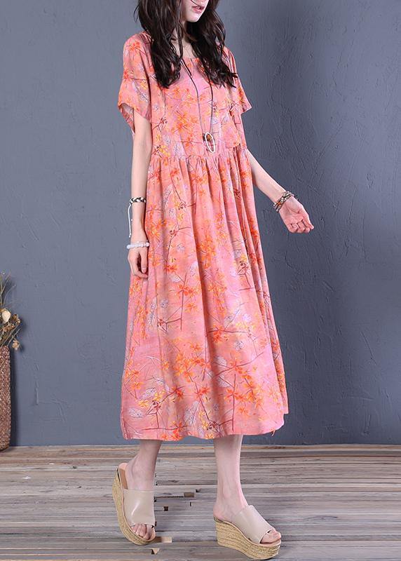 O Neck Short Sleeve Cotton Summer Wardrobes Linen Pink Print Maxi Dresses