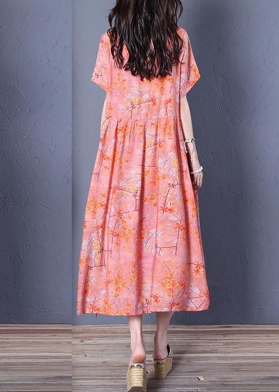 O Neck Short Sleeve Cotton Summer Wardrobes Linen Pink Print Maxi Dresses