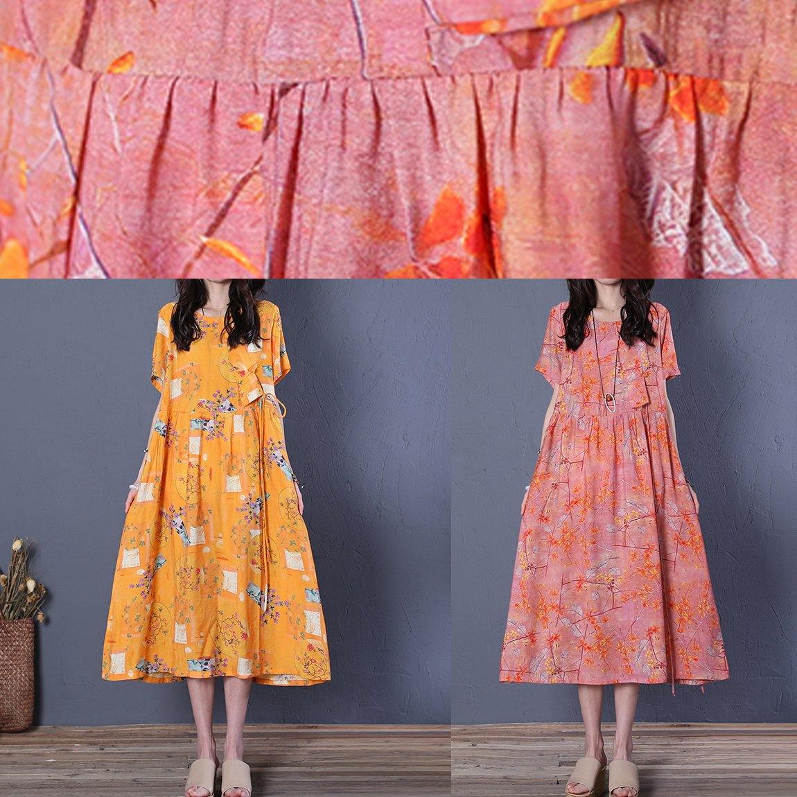 O Neck Short Sleeve Cotton Summer Wardrobes Linen Pink Print Maxi Dresses