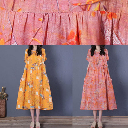 O Neck Short Sleeve Cotton Summer Wardrobes Linen Pink Print Maxi Dresses