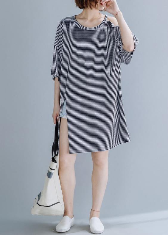O Neck Side Open Cotton Tunic Dresssewing Black Striped Dress