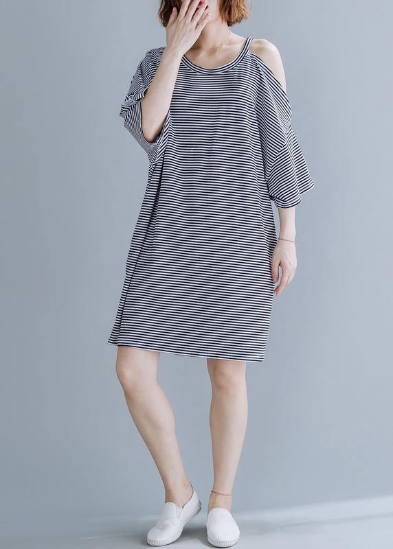 O Neck Side Open Cotton Tunic Dresssewing Black Striped Dress