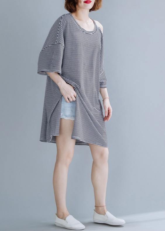 O Neck Side Open Cotton Tunic Dresssewing Black Striped Dress
